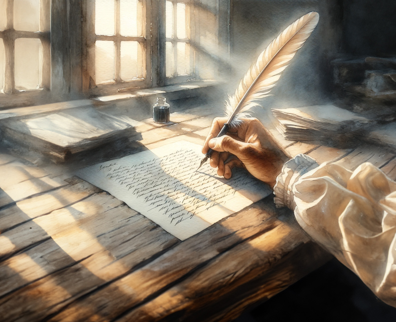 Contact the publisher 1 DALL·E 2024 02 28 18.50.04 An aquarelle painting in a light style showcasing a first person perspective of writing a letter. The focus is on the hand guiding the quill pen big