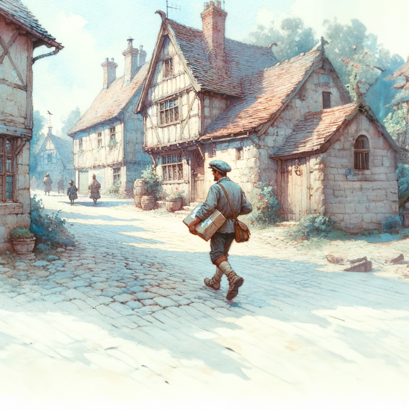 Shipping costs and delivery 1 DALL·E 2024 02 28 19.07.17 A watercolor painting in pastel tones depicting a messenger delivering a package in a medieval village. The scene captures the courier walking down th