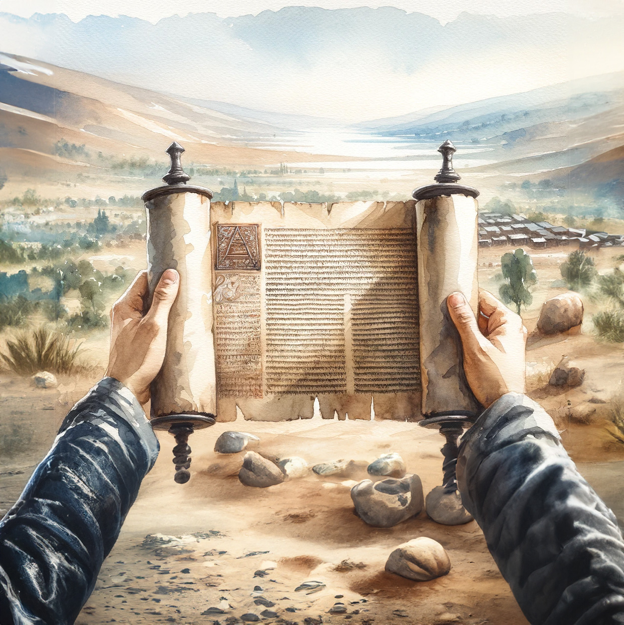 DALL·E 2024 02 29 20.53.12 A watercolor painting depicting a person holding an open ancient parchment scroll with a subtly blurred background featuring a vast landscape and a v